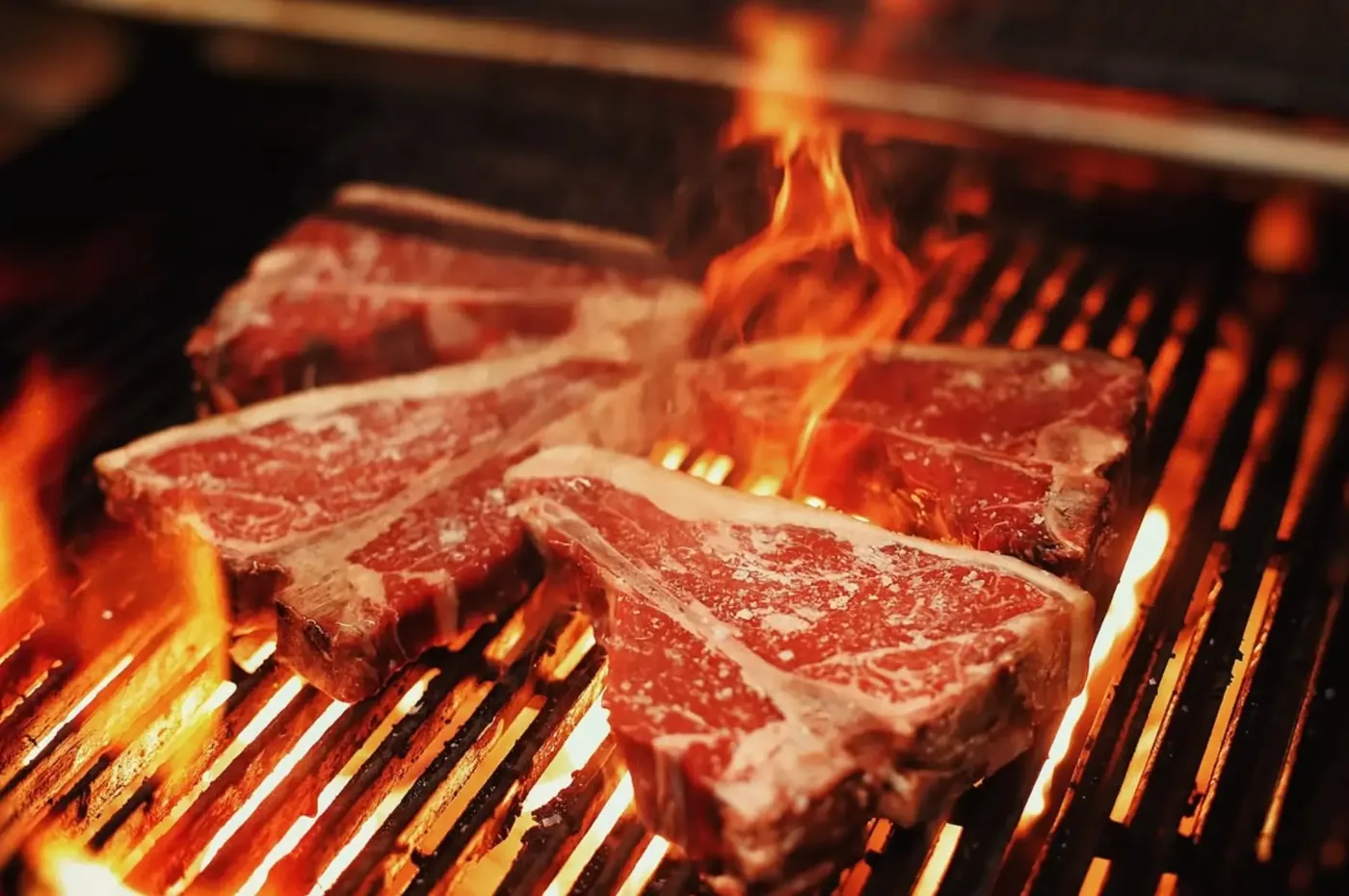 Thick-cut steaks searing over an open flame